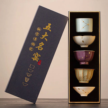 Five Kilns Tea Cup Set Copper Wire Kintsugi | Ru Guan Ge Jun