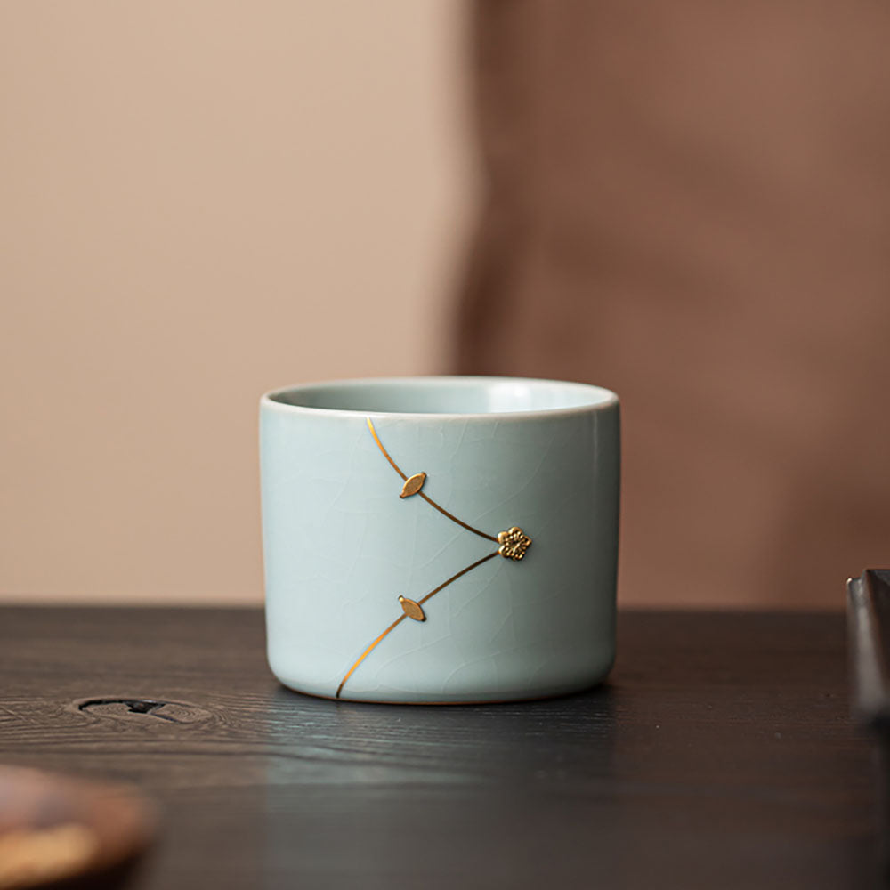 Five Kilns Tea Cup Set Copper Wire Kintsugi | Ru Guan Ge Jun