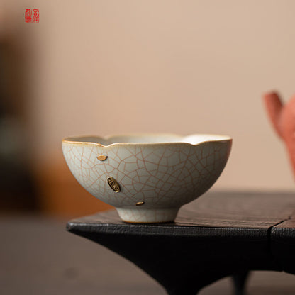 Five Kilns Tea Cup Set Copper Wire Kintsugi | Ru Guan Ge Jun