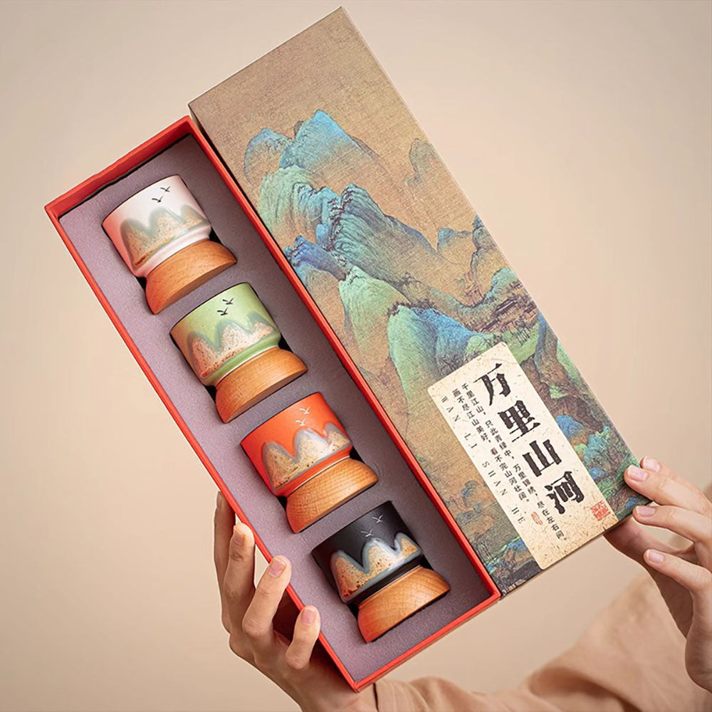 Gongfu Tea Cup Set 4pcs Wooden Base Landscape Painting