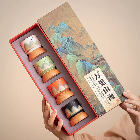 Gongfu Tea Cup Set 4pcs Wooden Base Landscape Painting
