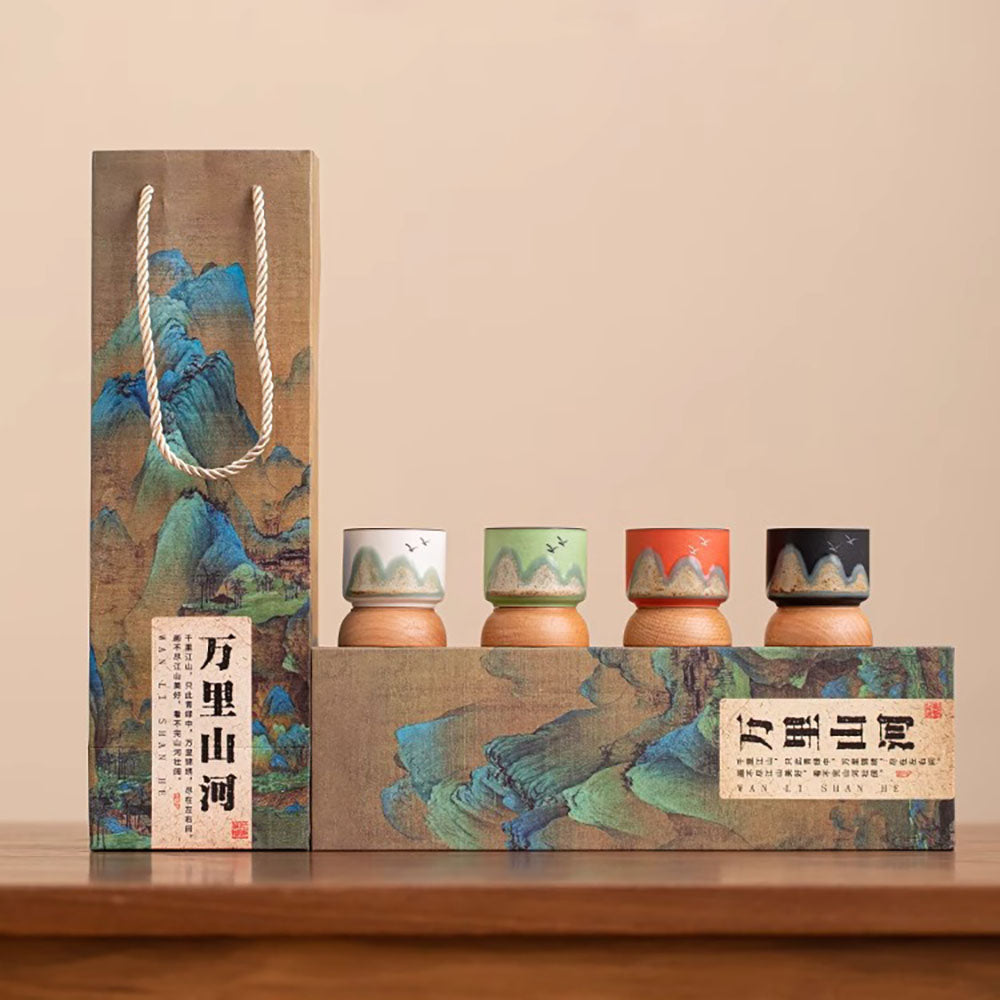 Gongfu Tea Cup Set 4pcs Wooden Base Landscape Painting