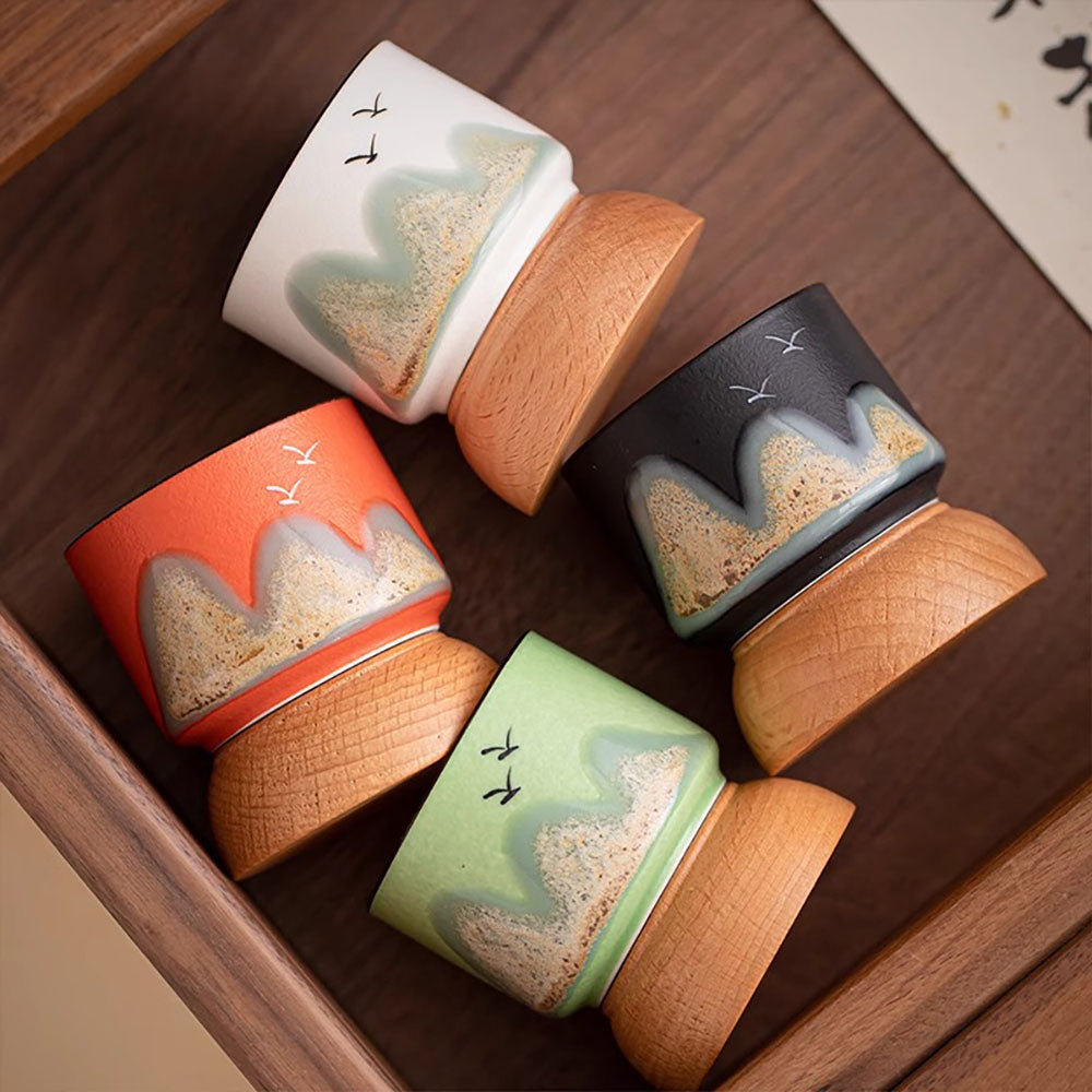 Gongfu Tea Cup Set 4pcs Wooden Base Landscape Painting