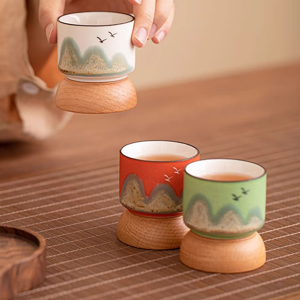 Gongfu Tea Cup Set 4pcs Wooden Base Landscape Painting