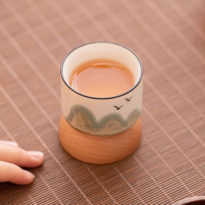 Gongfu Tea Cup Set 4pcs Wooden Base Landscape Painting
