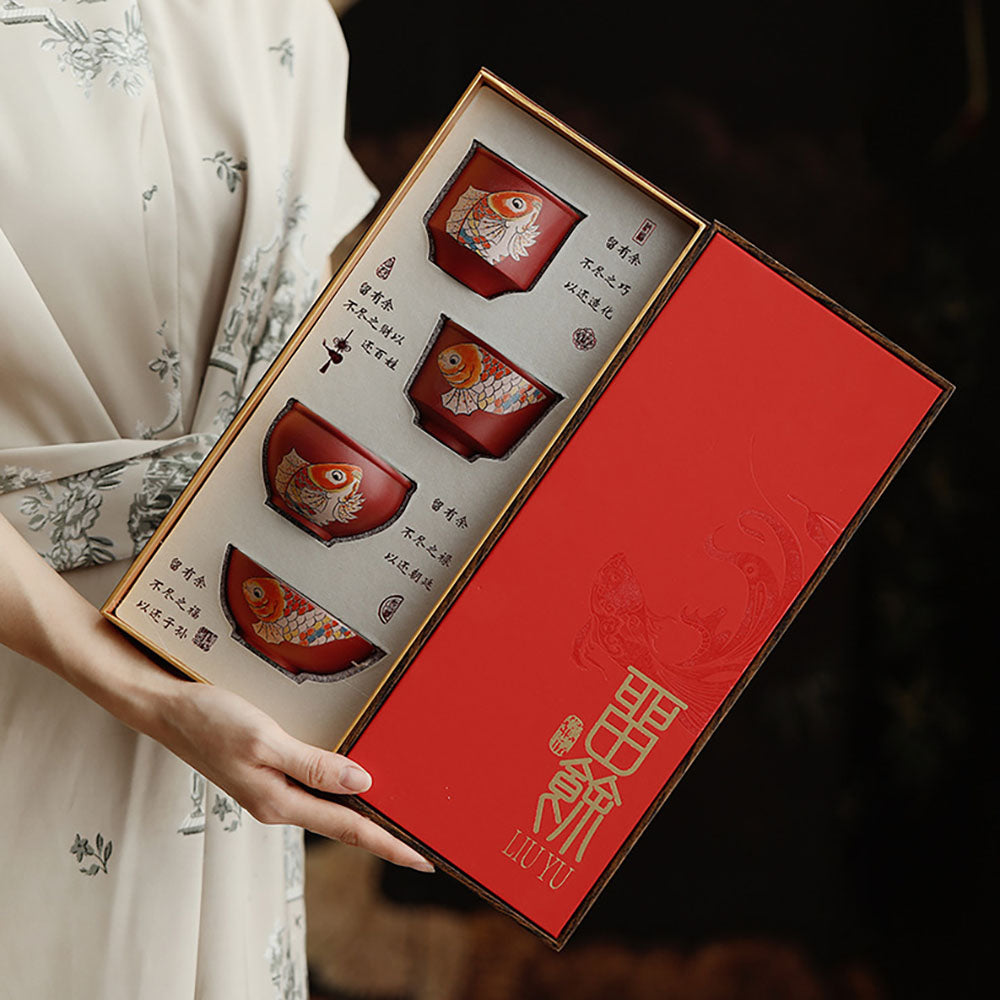 Gongfu Tea Cup Set Koi Red Ceramic, 4 Cups Gift Box