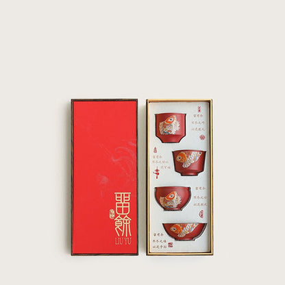 Gongfu Tea Cup Set Koi Red Ceramic, 4 Cups Gift Box