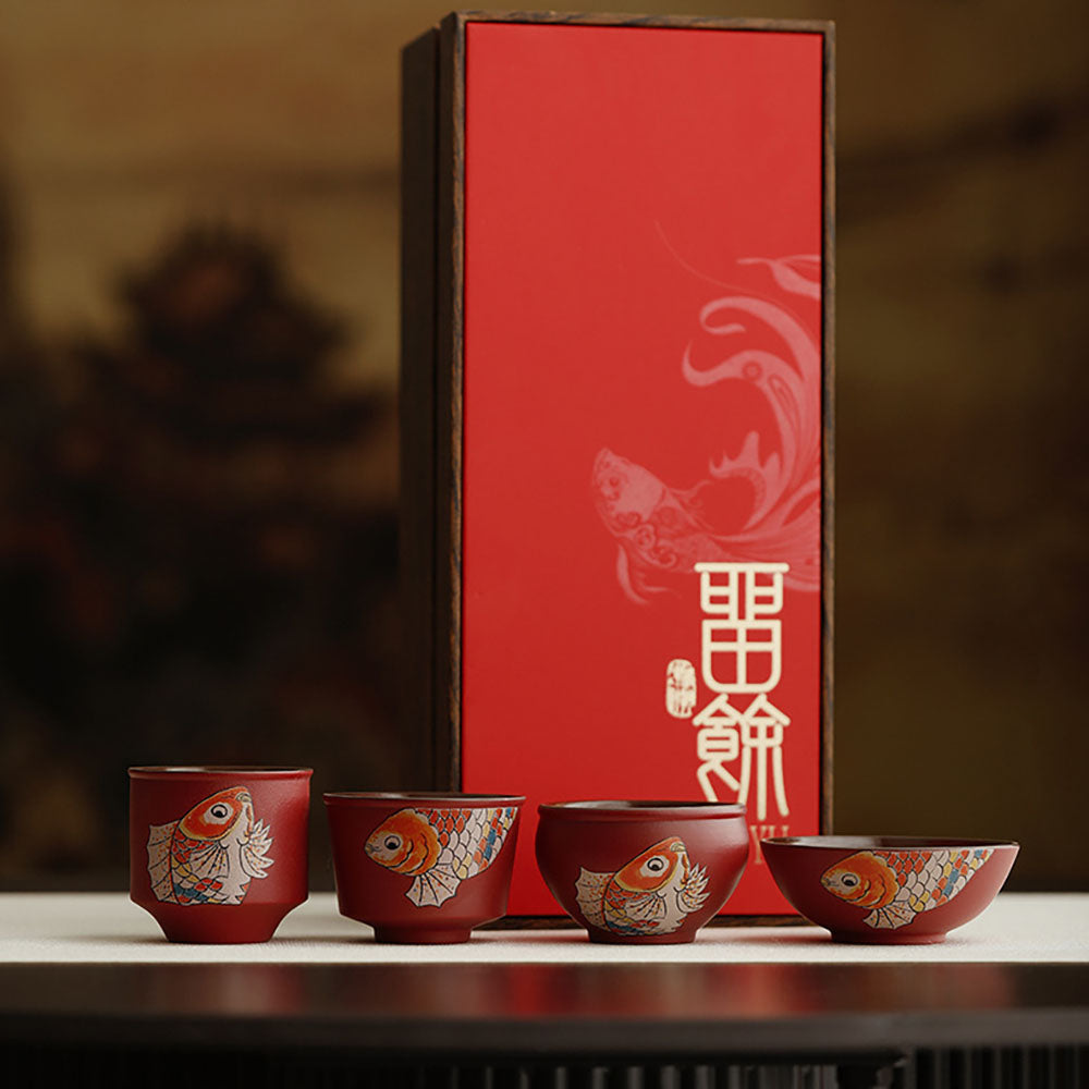 Gongfu Tea Cup Set Koi Red Ceramic, 4 Cups Gift Box