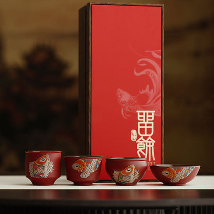 Gongfu Tea Cup Set Koi Red Ceramic, 4 Cups Gift Box