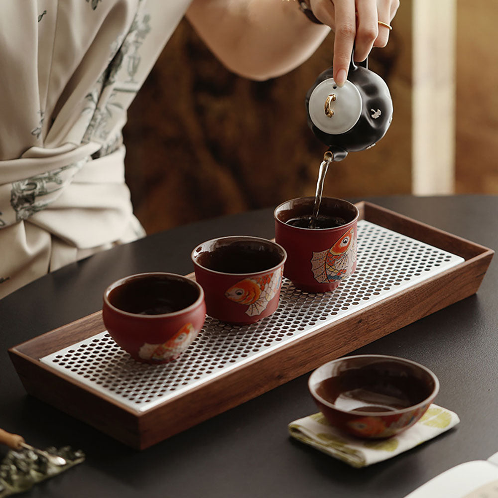 Gongfu Tea Cup Set Koi Red Ceramic, 4 Cups Gift Box