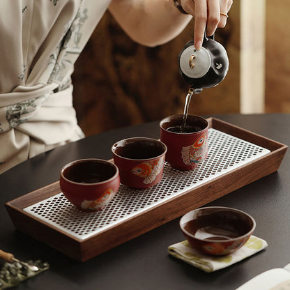 Gongfu Tea Cup Set Koi Red Ceramic, 4 Cups Gift Box