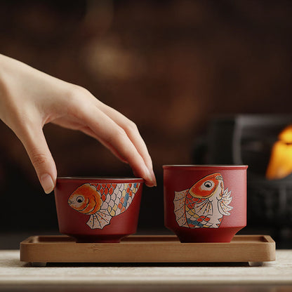 Gongfu Tea Cup Set Koi Red Ceramic, 4 Cups Gift Box