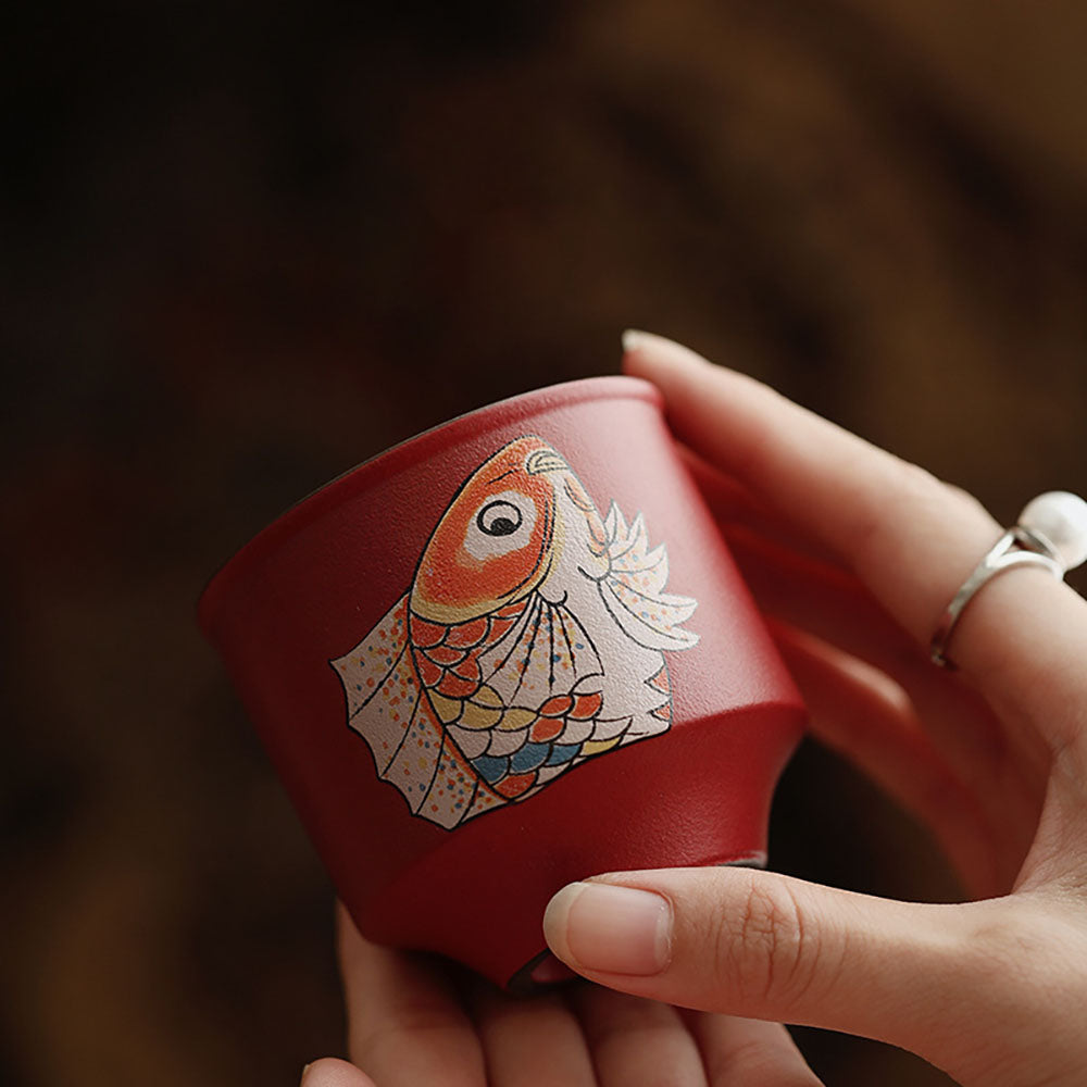 Gongfu Tea Cup Set Koi Red Ceramic, 4 Cups Gift Box