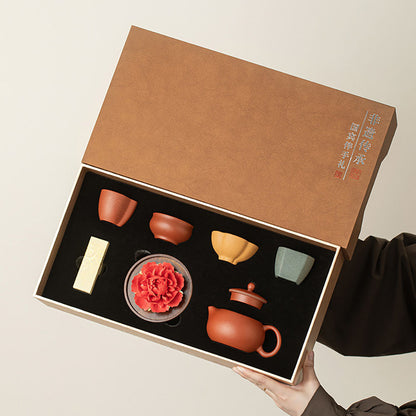 Luxury Tea Set Yixing 4-Color Cups Peony Incense Holder Gift