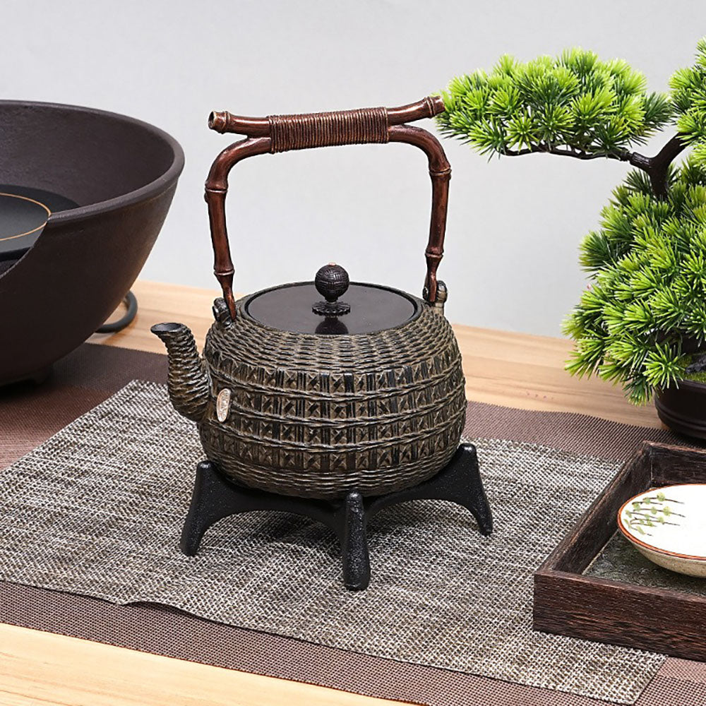 Cast Iron Teapot Bamboo Weave Pattern 1200ml IH Safe