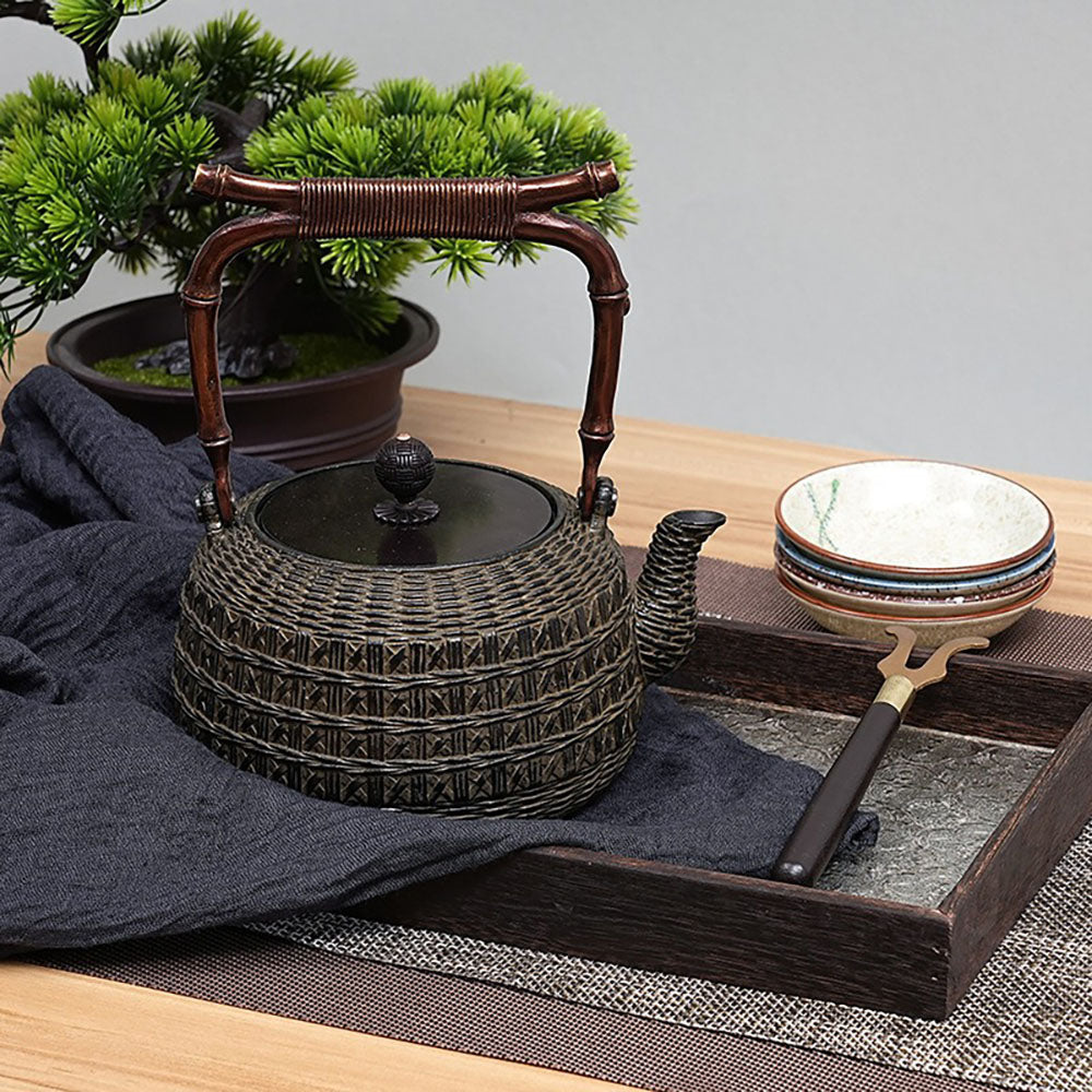 Cast Iron Teapot Bamboo Weave Pattern 1200ml IH Safe