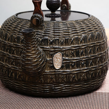 Cast Iron Teapot Bamboo Weave Pattern 1200ml IH Safe