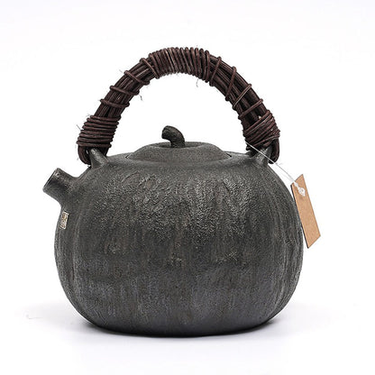 Cast Iron Teapot Japanese Melon Shape 900ml Rattan Handle Tetsubin