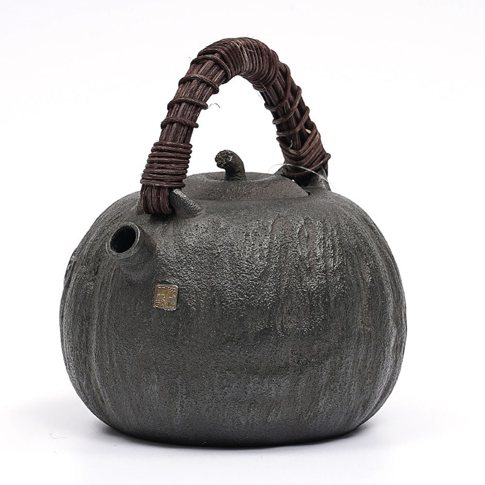 Cast Iron Teapot Japanese Melon Shape 900ml Rattan Handle Tetsubin
