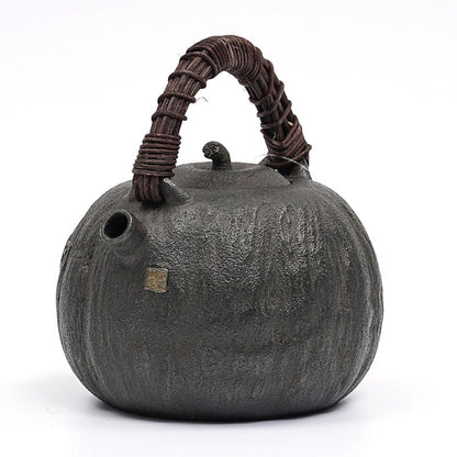 Cast Iron Teapot Japanese Melon Shape 900ml Rattan Handle Tetsubin