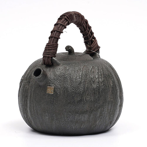 Cast Iron Teapot Japanese Melon Shape 900ml Rattan Handle Tetsubin