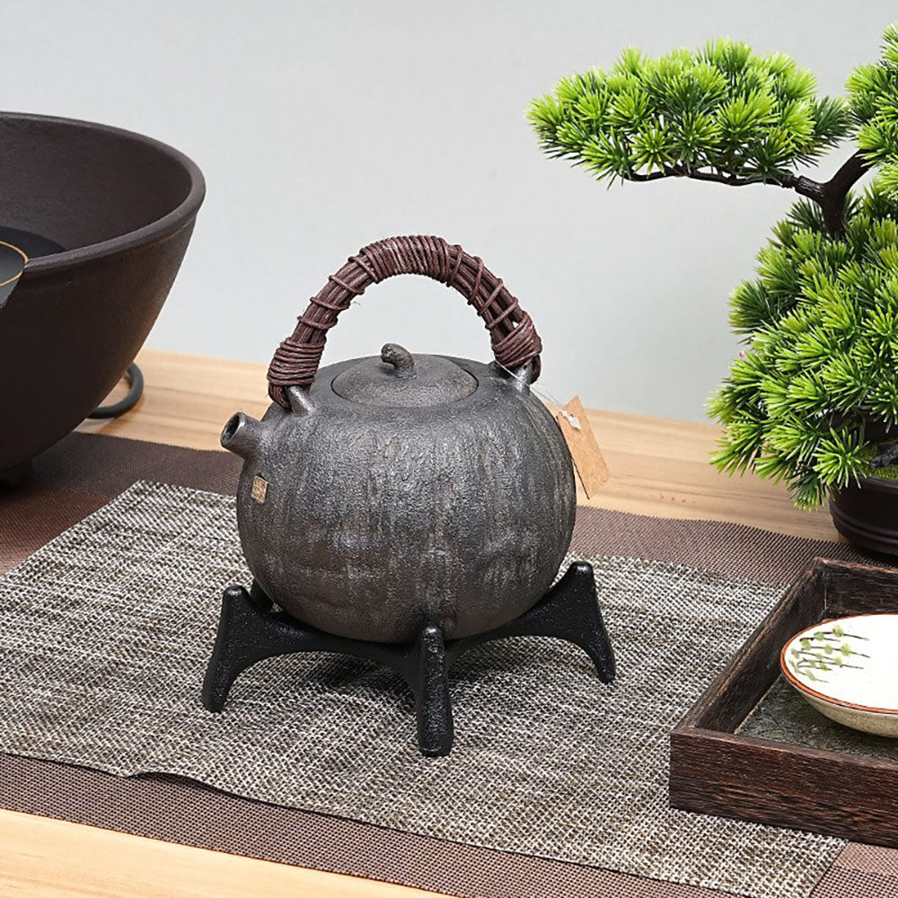 Cast Iron Teapot Japanese Melon Shape 900ml Rattan Handle Tetsubin