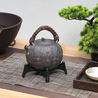 Cast Iron Teapot Japanese Melon Shape 900ml Rattan Handle Tetsubin