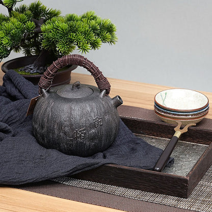 Cast Iron Teapot Japanese Melon Shape 900ml Rattan Handle Tetsubin