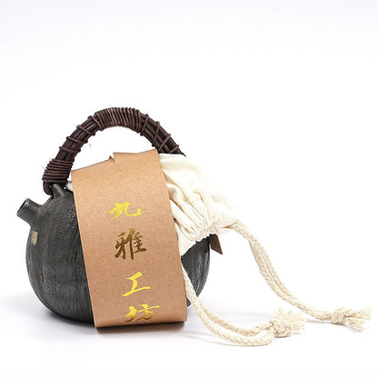Cast Iron Teapot Japanese Melon Shape 900ml Rattan Handle Tetsubin