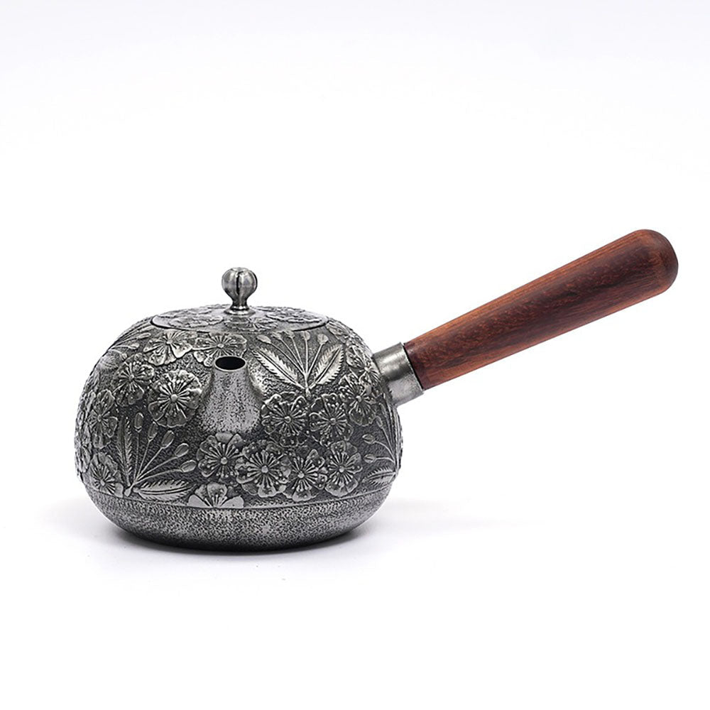 Cast Iron Teapot Side Handle Japanese Floral Relief 650ml Wood