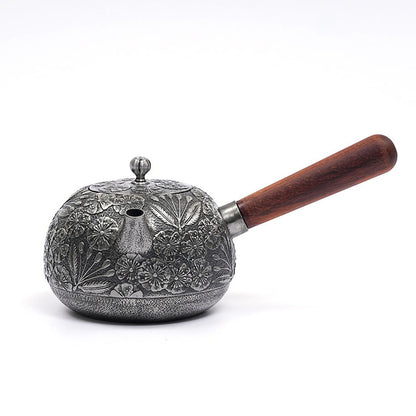 Cast Iron Teapot Side Handle Japanese Floral Relief 650ml Wood