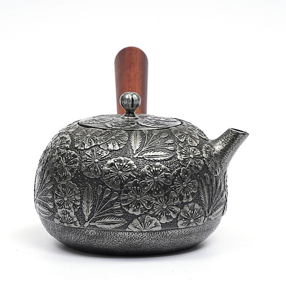 Cast Iron Teapot Side Handle Japanese Floral Relief 650ml Wood