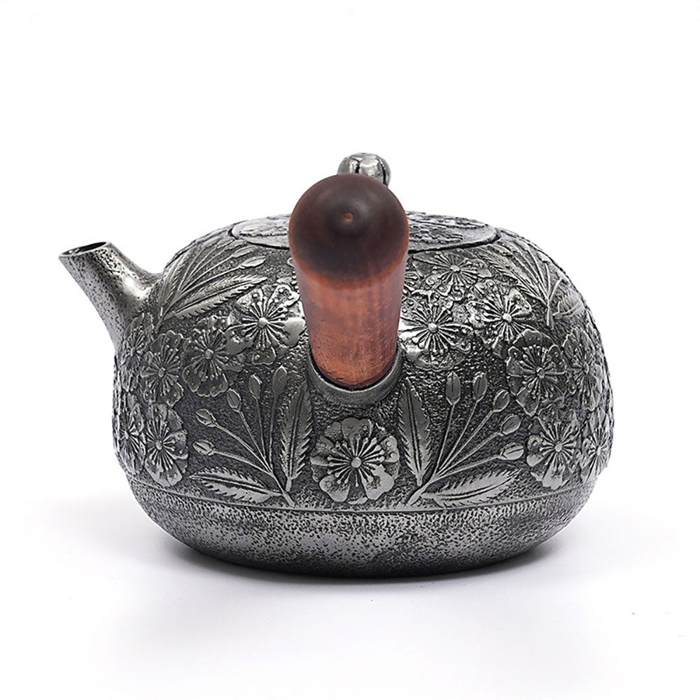 Cast Iron Teapot Side Handle Japanese Floral Relief 650ml Wood
