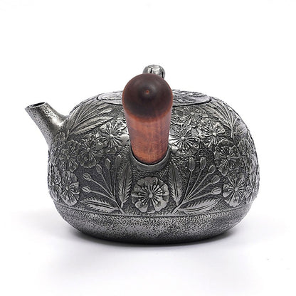 Cast Iron Teapot Side Handle Japanese Floral Relief 650ml Wood