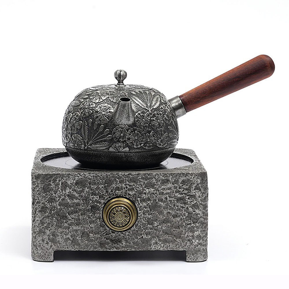 Cast Iron Teapot Side Handle Japanese Floral Relief 650ml Wood