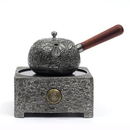 Cast Iron Teapot Side Handle Japanese Floral Relief 650ml Wood