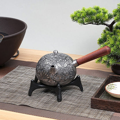 Cast Iron Teapot Side Handle Japanese Floral Relief 650ml Wood