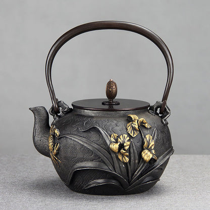 Cast Iron Teapot Japanese Orchid Crab Relief 1200ml Tetsubin