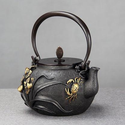 Cast Iron Teapot Japanese Orchid Crab Relief 1200ml Tetsubin
