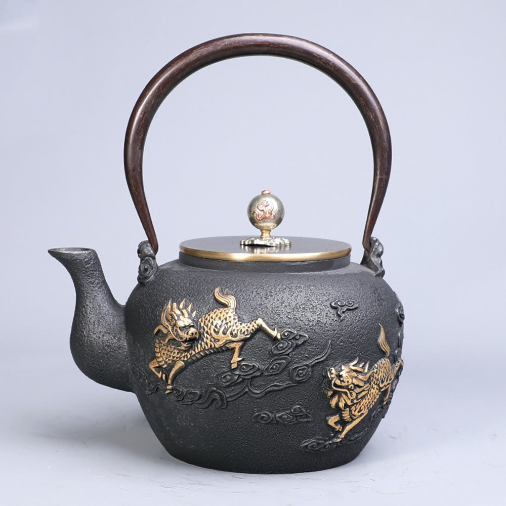 Cast Iron Teapot Japanese Qilin Kirin Relief 1200ml Tetsubin