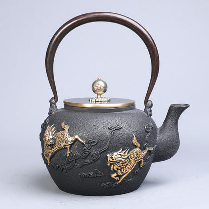 Cast Iron Teapot Japanese Qilin Kirin Relief 1200ml Tetsubin
