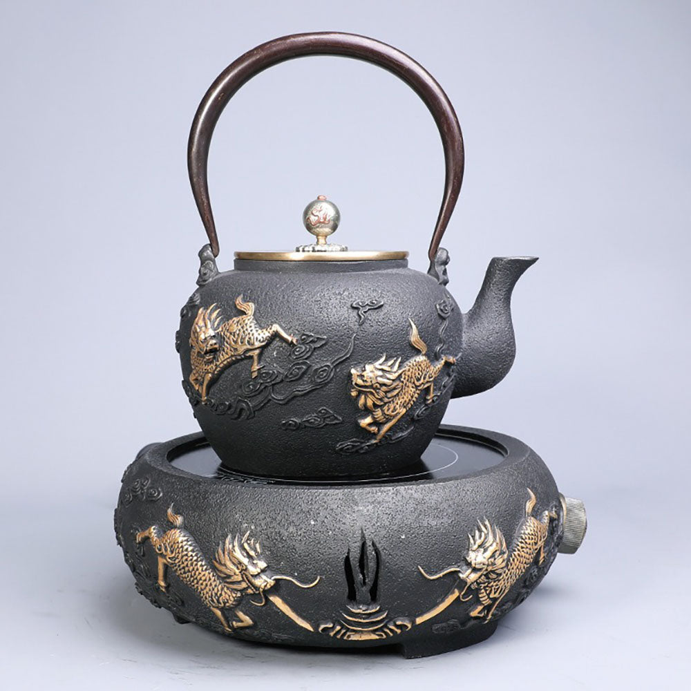 Cast Iron Teapot Japanese Qilin Kirin Relief 1200ml Tetsubin