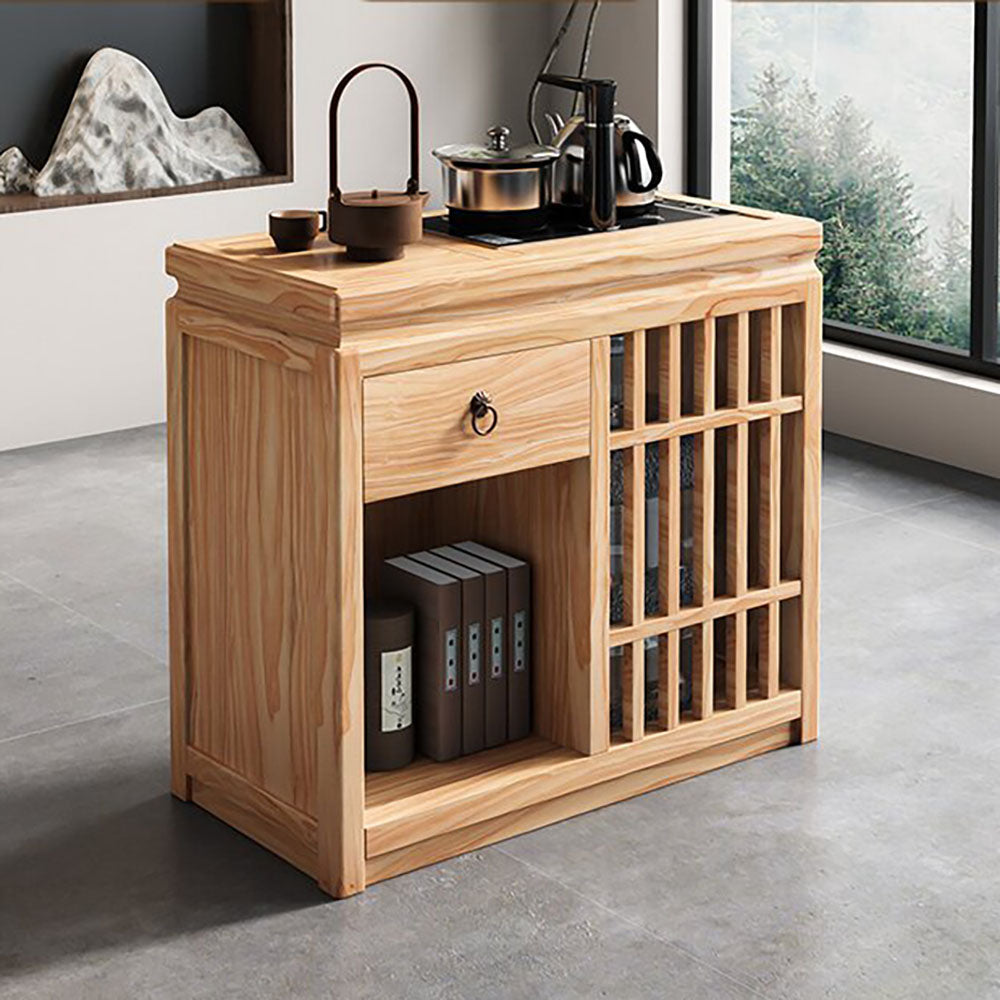 Japanese Pine Wood Movable Tea Table with Storage