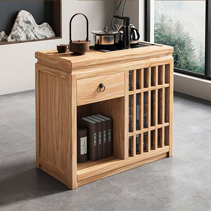 Japanese Pine Wood Movable Tea Table with Storage