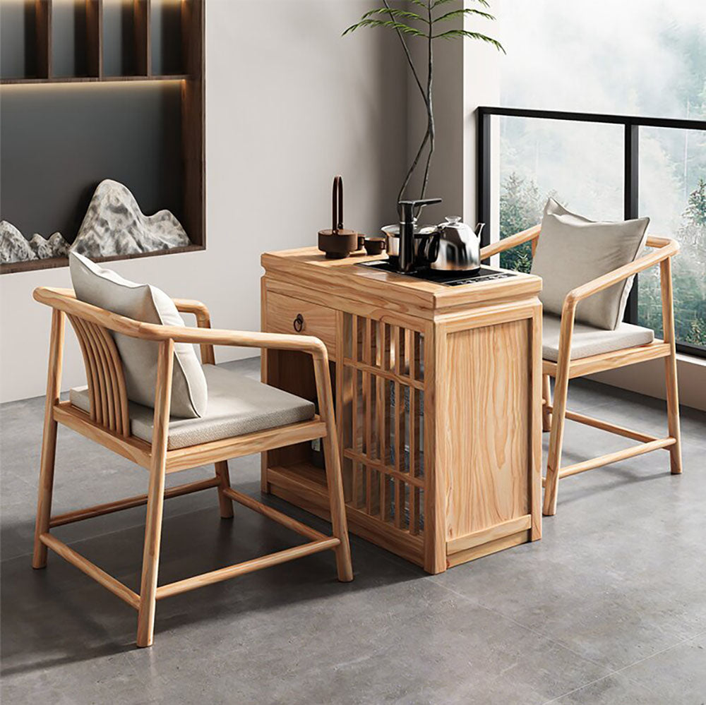 Japanese Pine Wood Movable Tea Table with Storage