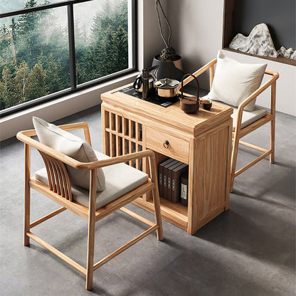 Japanese Pine Wood Movable Tea Table with Storage