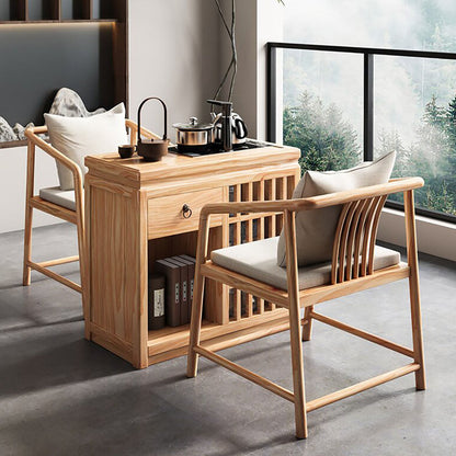 Japanese Pine Wood Movable Tea Table with Storage