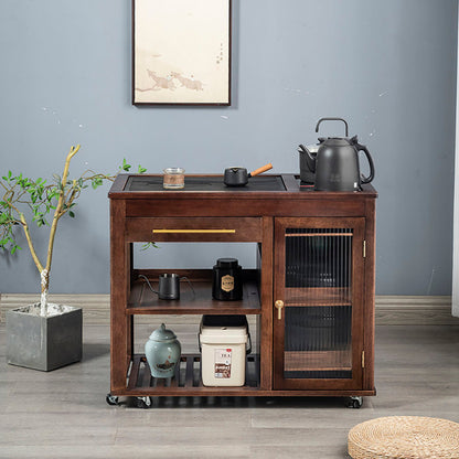 Walnut Tea Table Retractable | Black Stone Panel & Wheels