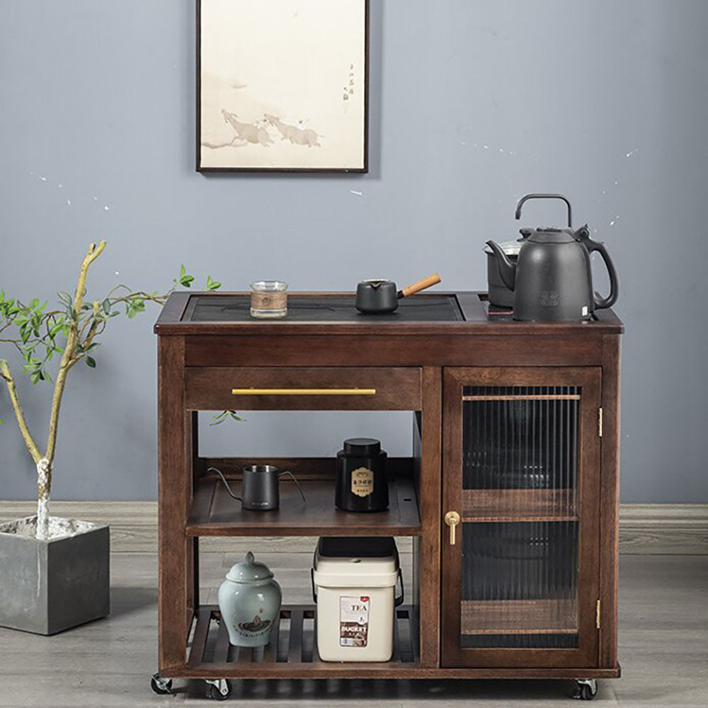 Walnut Tea Table Retractable | Black Stone Panel & Wheels