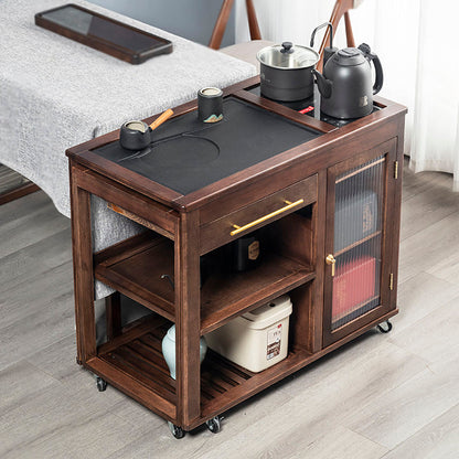 Walnut Tea Table Retractable | Black Stone Panel & Wheels